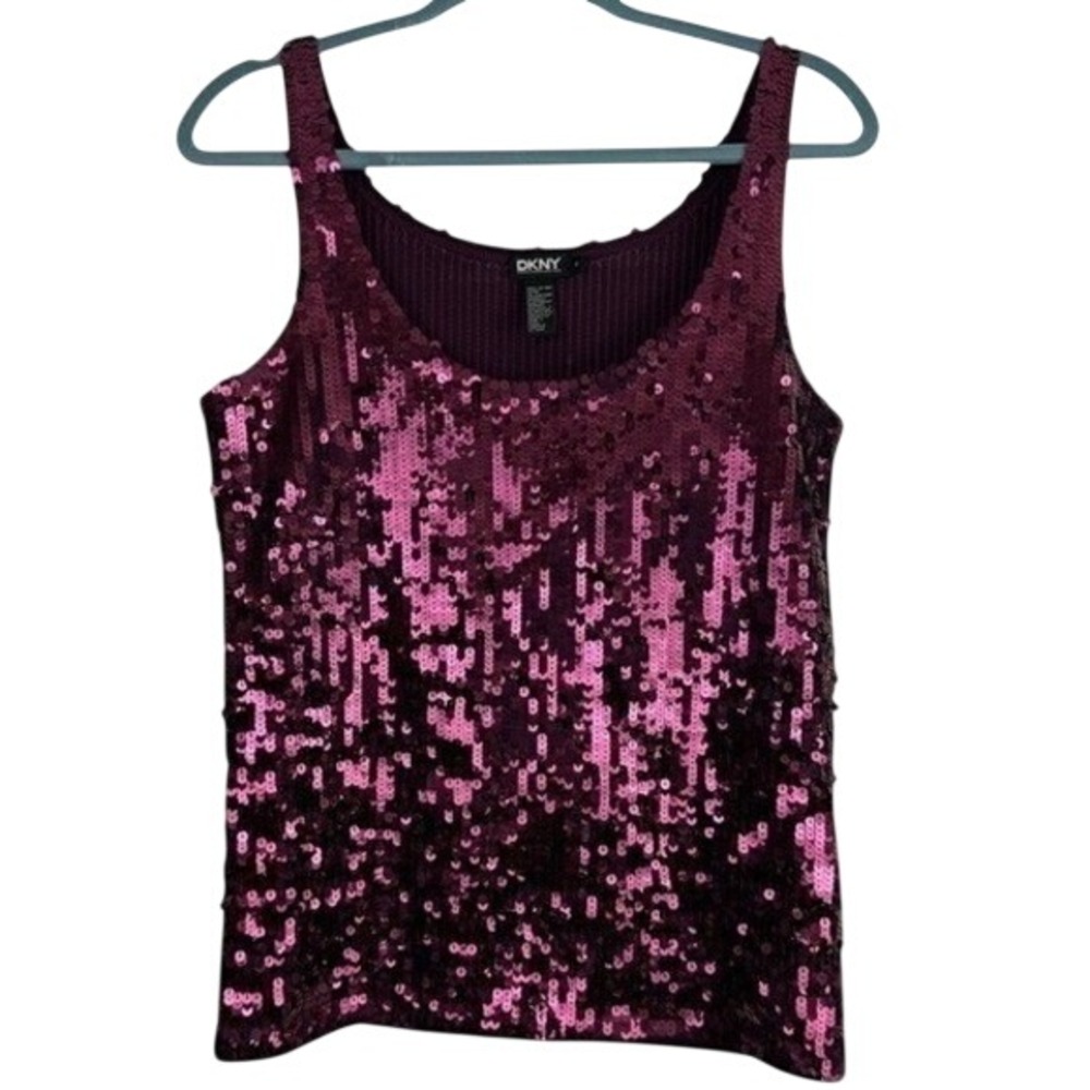 DKNY Burgundy Red Sequin Sleeveless Tank Top Medium Dark‎ Pink Party Cami